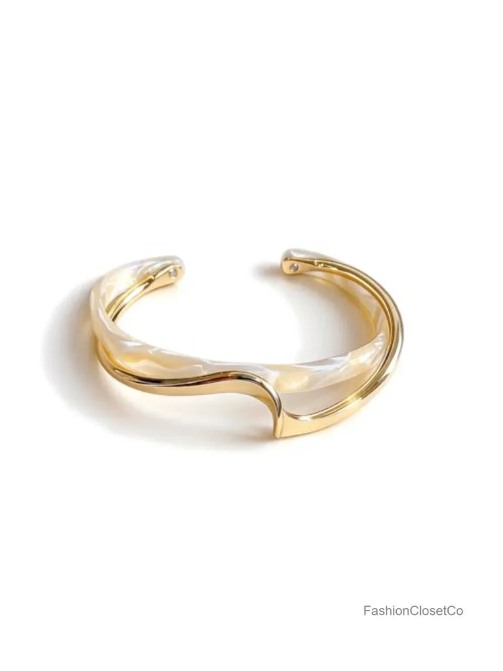 Wave Resin Bangle Bracelet, Gold Metal Wrapped Acrylic Open Cuff, Irregular